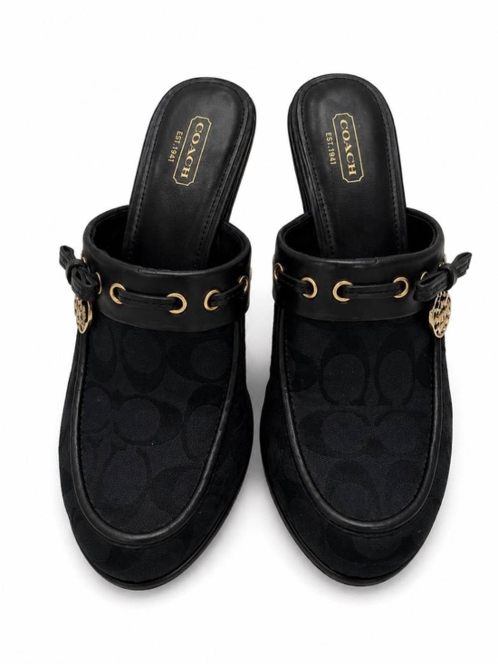 Coach Black Mules with Gold Accents